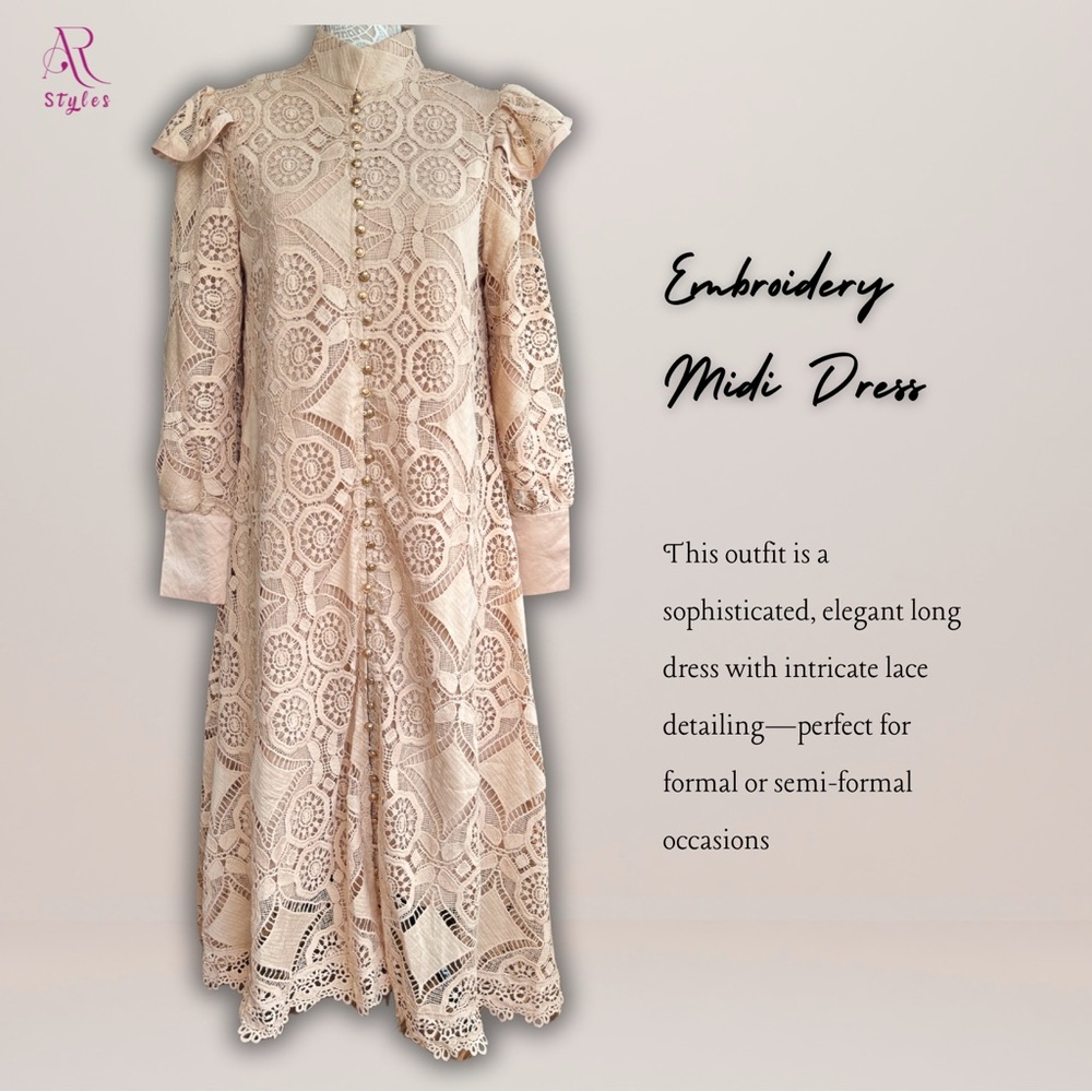 NWT Embroidery Midi Dress in Cream